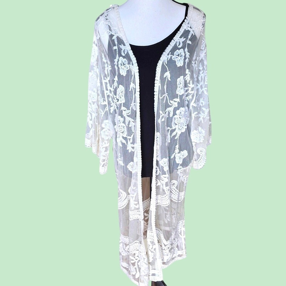 Lace Maxi Duster mi ami Cream Size‎ M Sheer Embroidered Floral Boho Cardigan